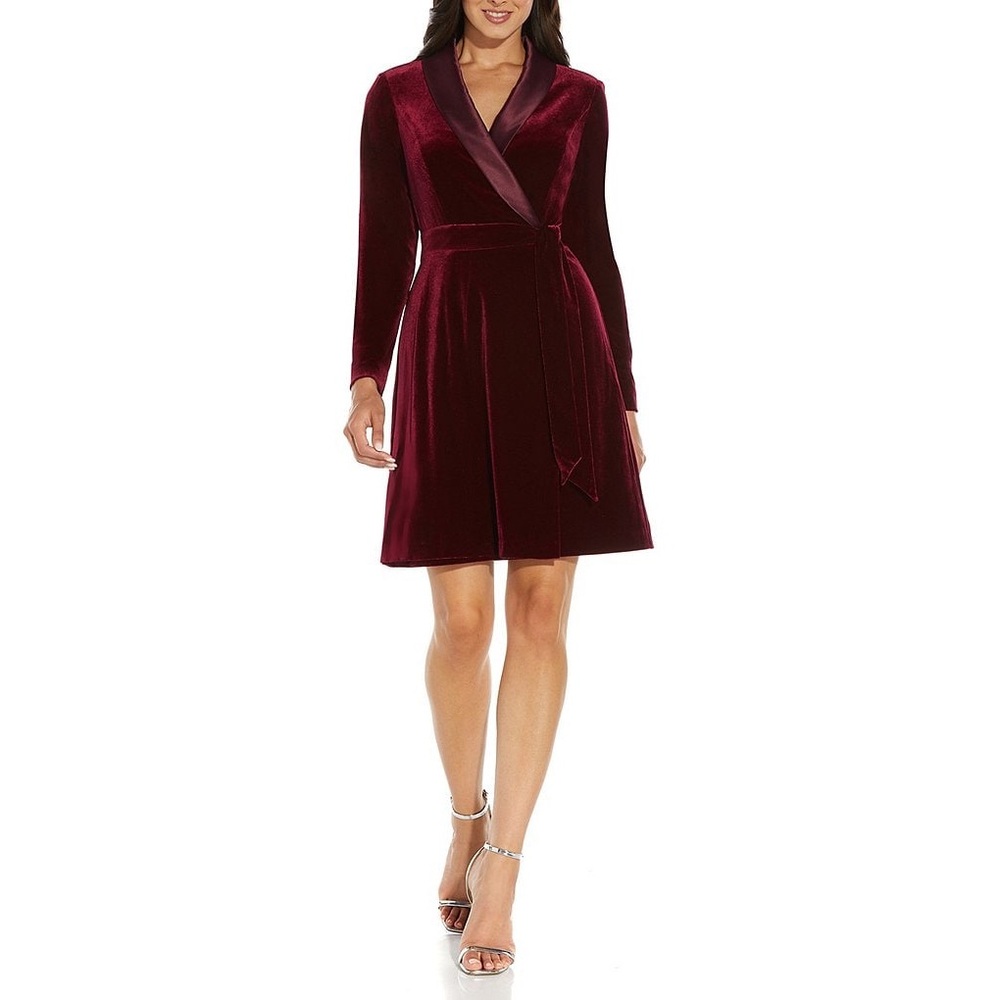 Adrianna Papell Burgundy Silky Velvet Tuxedo Wrap Collared dress 18w